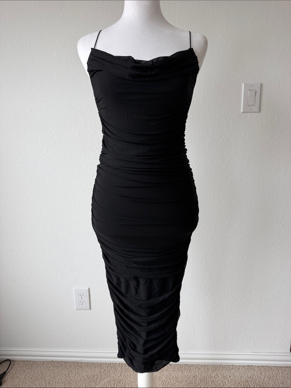 Oh Polly Black Ruched Midi Dress with Spaghetti Straps